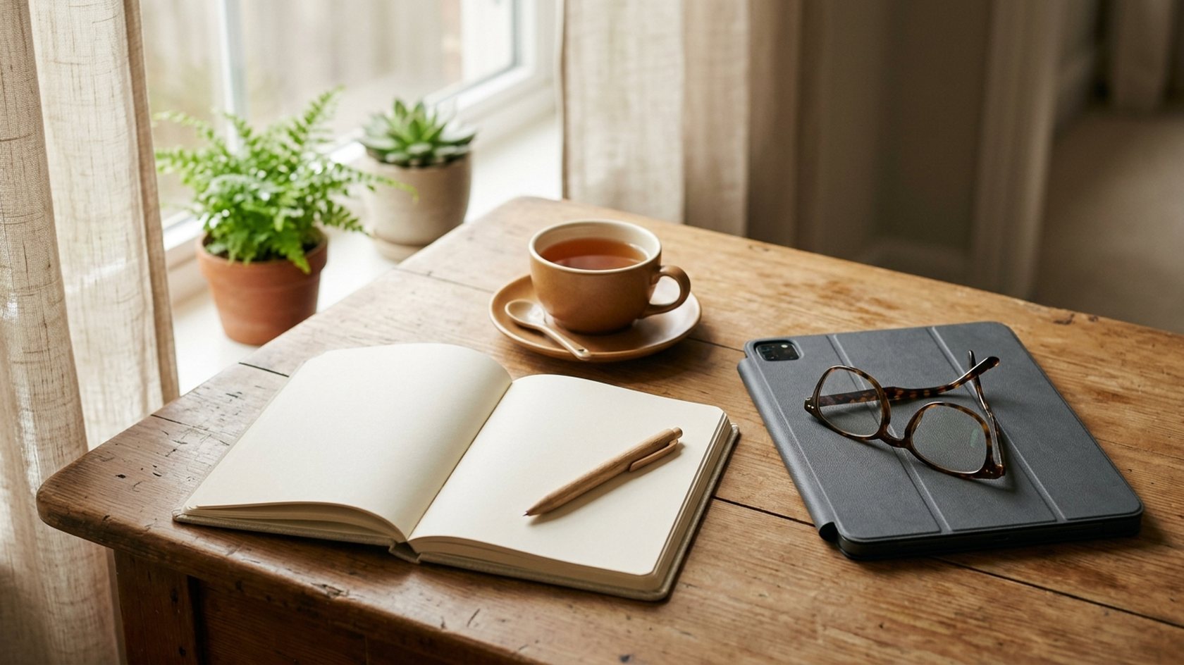 診察前に聞きたいことを書き出すメモ帳とタブレット